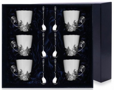 666НБ03806 Серебряный чайный набор «Тетерев» на 6 персон с чернением в подарочном футляре